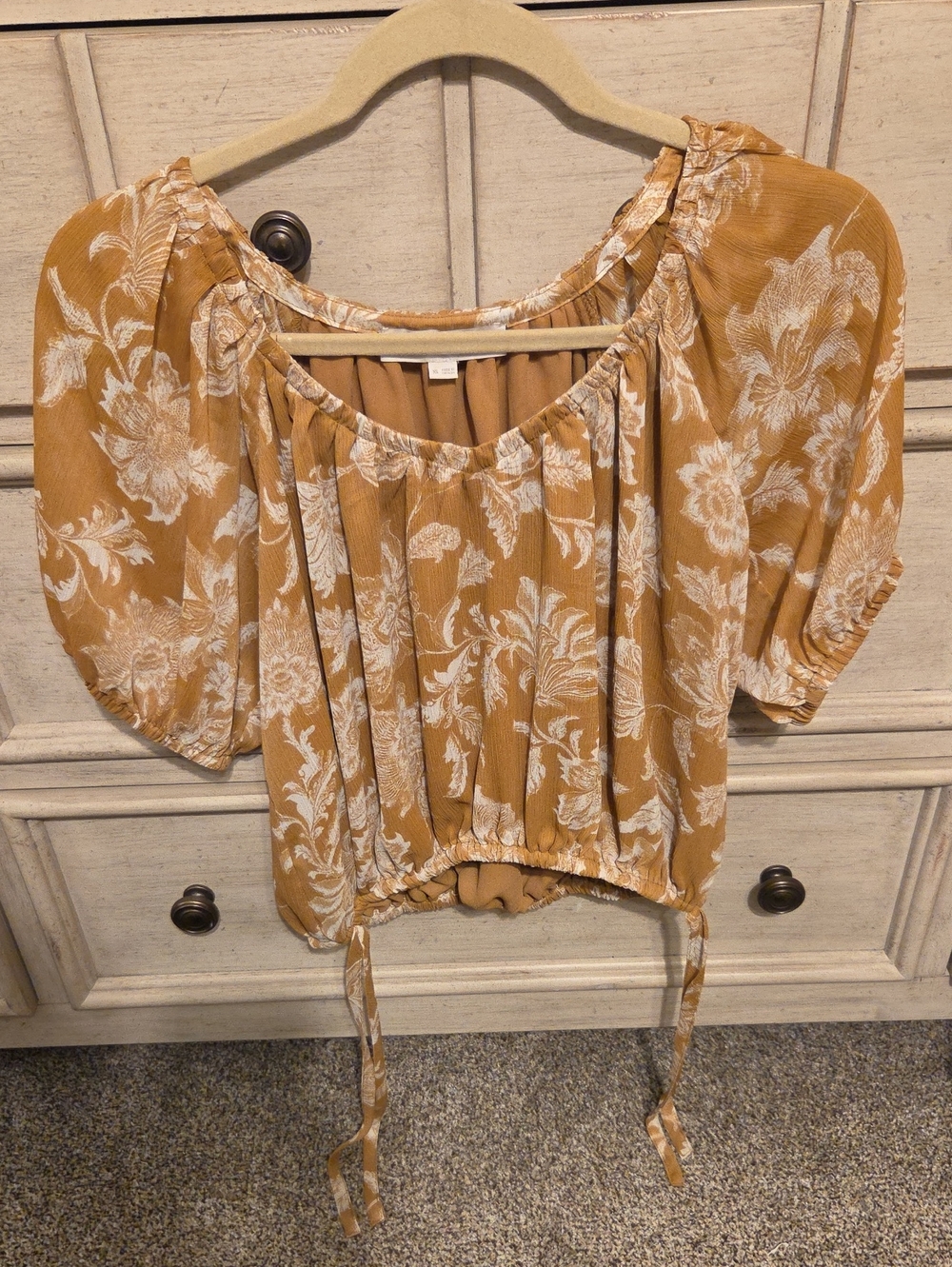 LOFT Mustard Floral Peasant Blouse with Drawstring